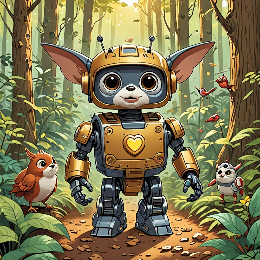 a robot with a heart on its chest standing in a forest with a squirrel and a bird on the ground, sots art, a character portrait, Dan Mumford, comic cover art
