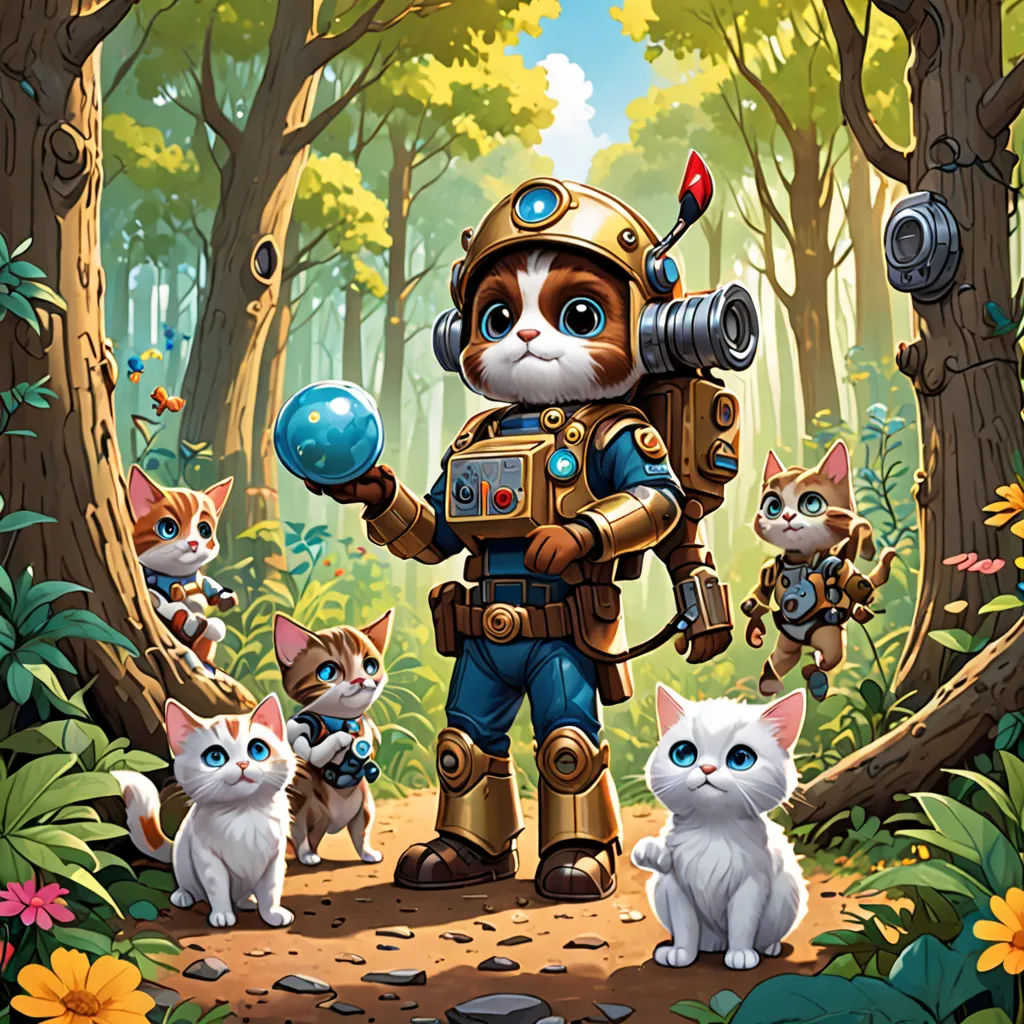 a painting of a cat with a robot suit and kittens in the woods with a camera on his shoulder, altermodern, concept art, Chris LaBrooy, official art