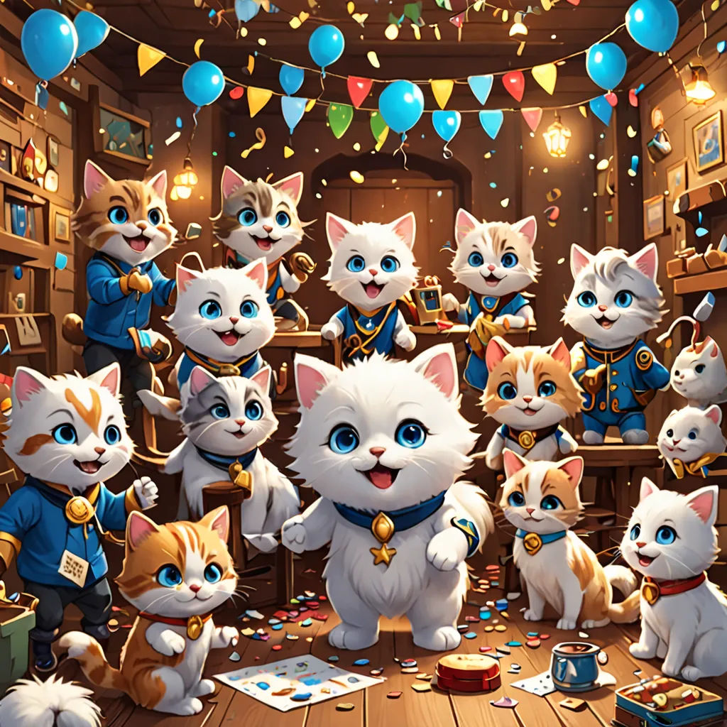 a group of cats standing around a table with a bunch of balloons in the background and a bunch of confetti on the table, furry art, a detailed painting, Chris LaBrooy, official art