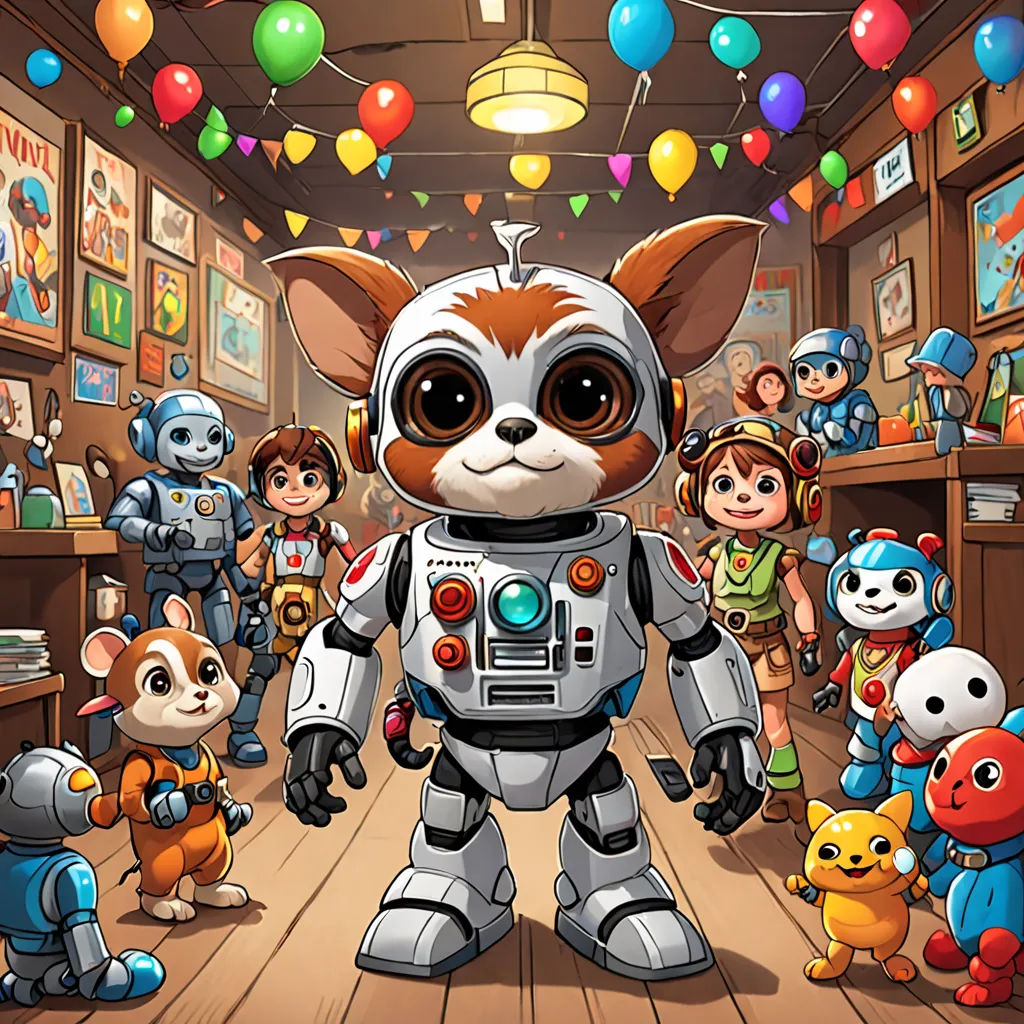 a group of cartoon characters standing in a room with a robot in the center of the room and a dog in the center of the room, sots art, concept art, Dan Mumford, promotional image