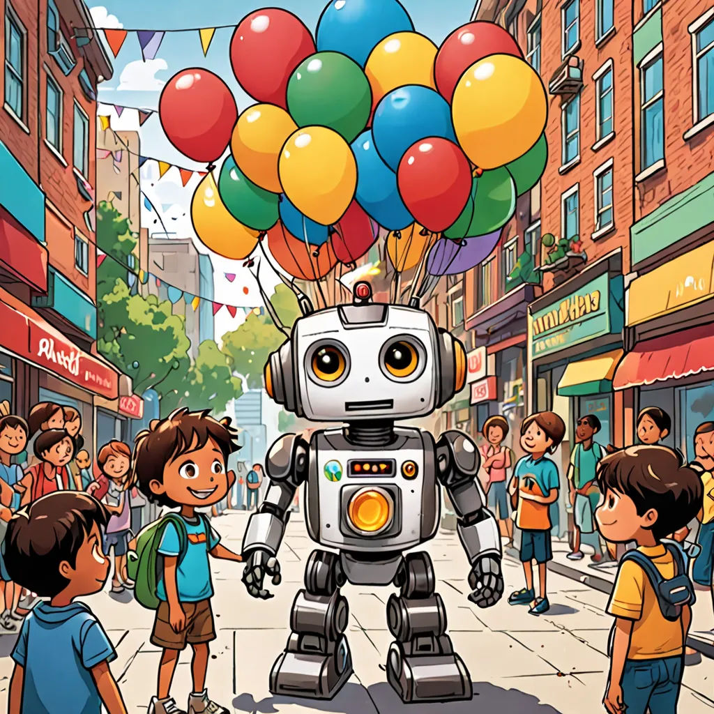 a robot with balloons floating over a crowd of people on a city street with buildings and shops on the sides, les automatistes, a storybook illustration, Adam Rex, promotional image