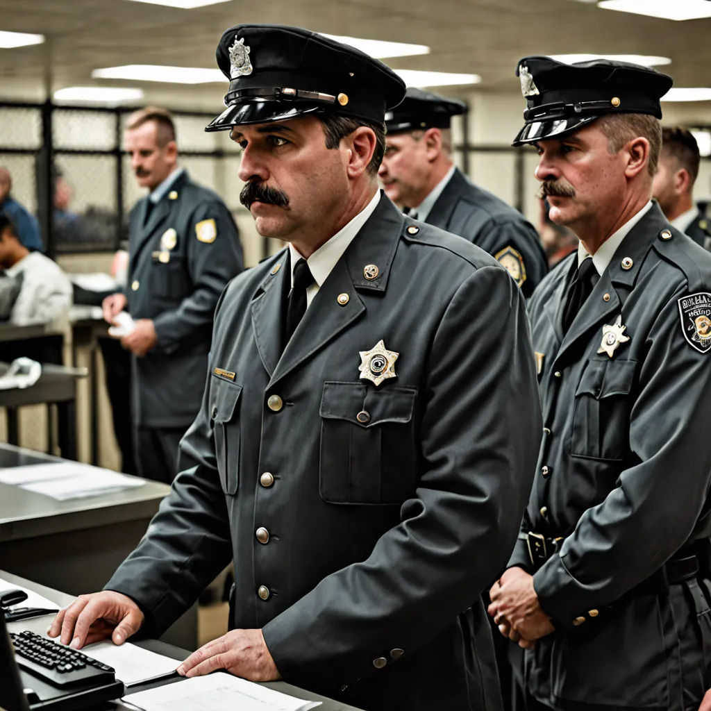 a group of police officers standing around a computer screen in a room full of people in uniform and looking at the screen, Cristache Gheorghiu, institutional critique, a colorized photo, movie still