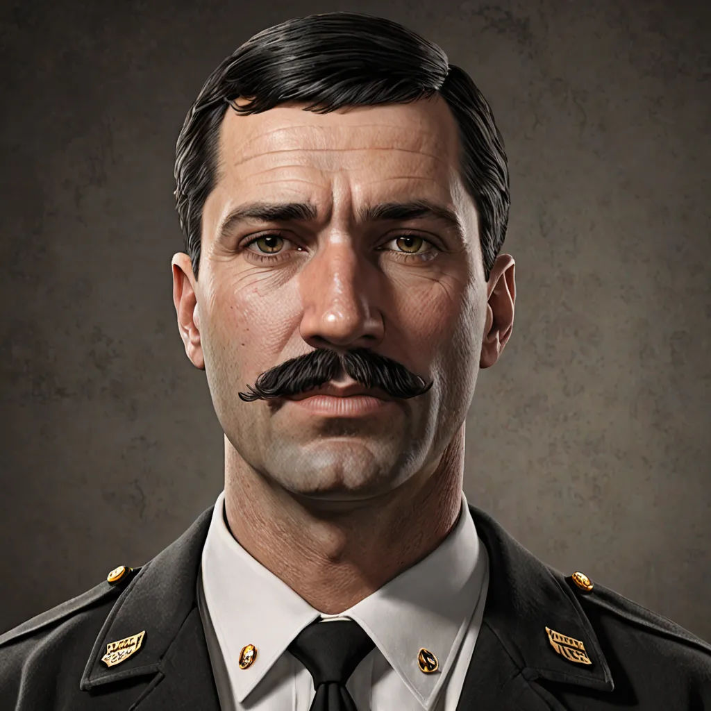 a man with a mustache and a suit on is wearing a suit and tie with a mustache on his head, Edward Otho Cresap Ord, II, photorealism, a character portrait, j. c. leyendecker 8 k