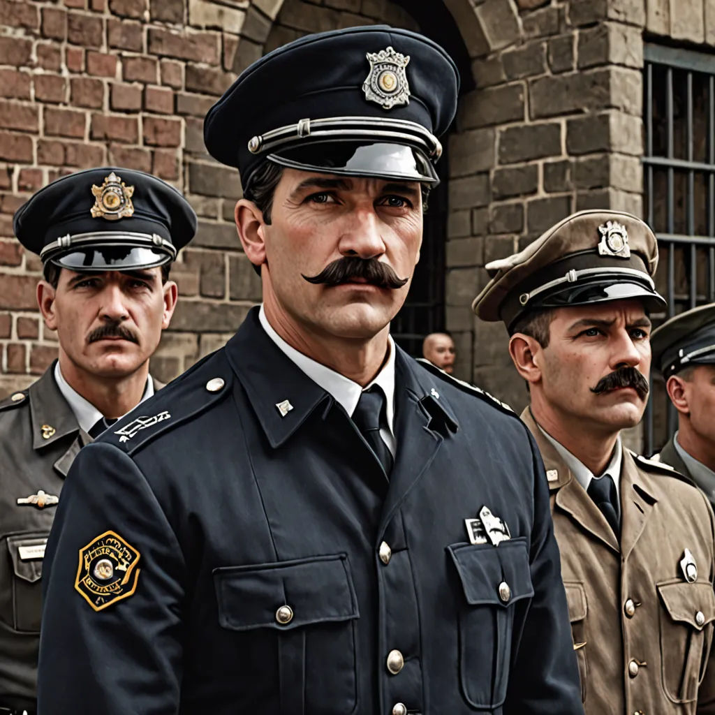 a group of men in uniform standing in front of a brick building with a window behind them and a brick wall behind them, Cristache Gheorghiu, serial art, a colorized photo, promotional image