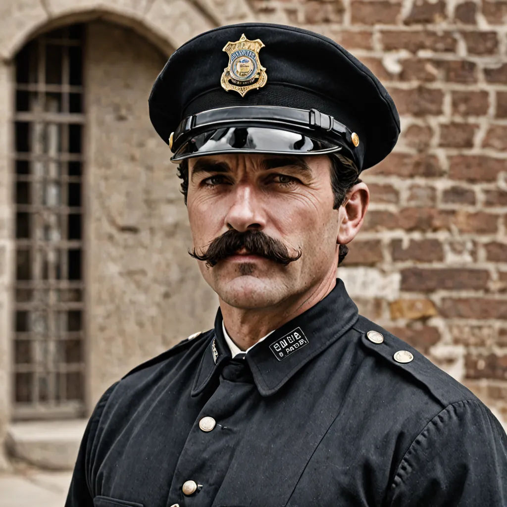 a man in a uniform standing in front of a brick building with a mustache and a police hat on, Cristache Gheorghiu, arts and crafts movement, a character portrait, promotional image