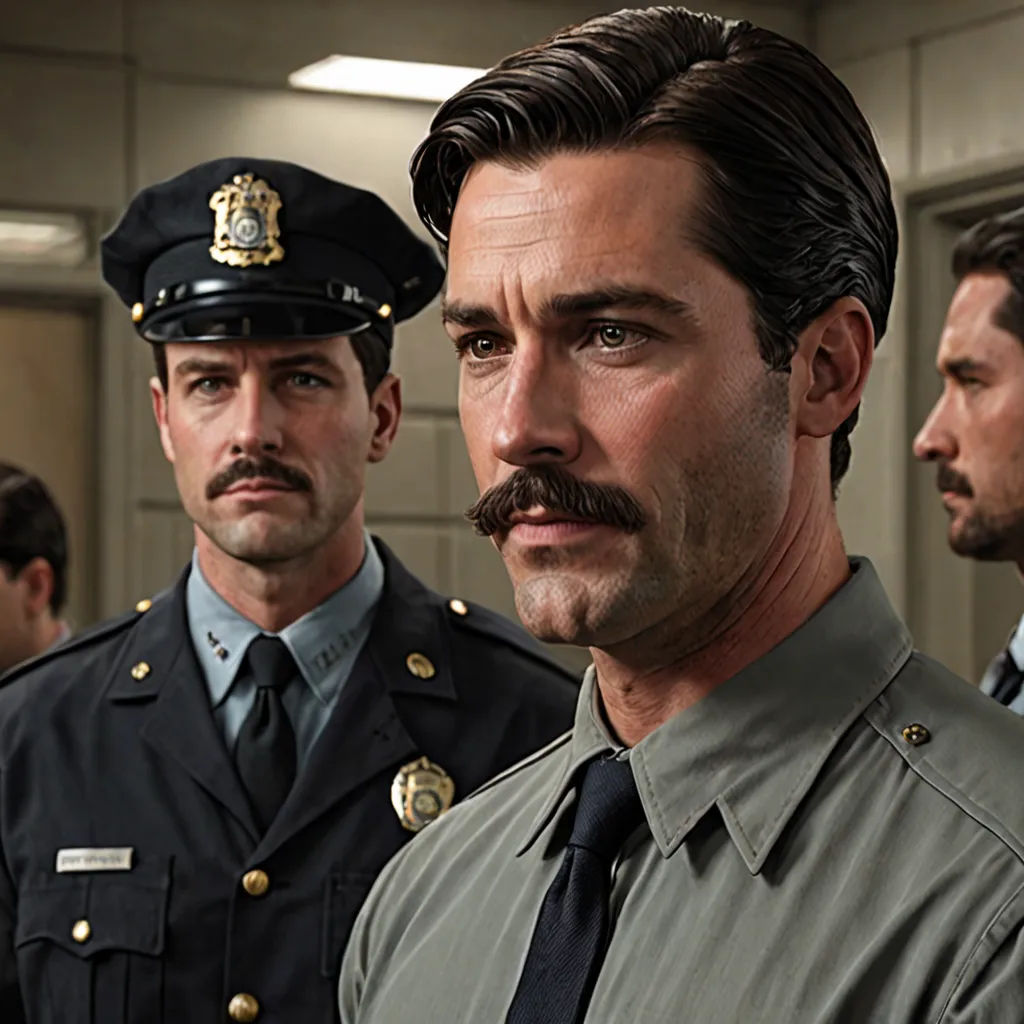 a group of men in uniform standing next to each other in a room with a man in a tie, Clark Voorhees, institutional critique, a colorized photo, tom of finland