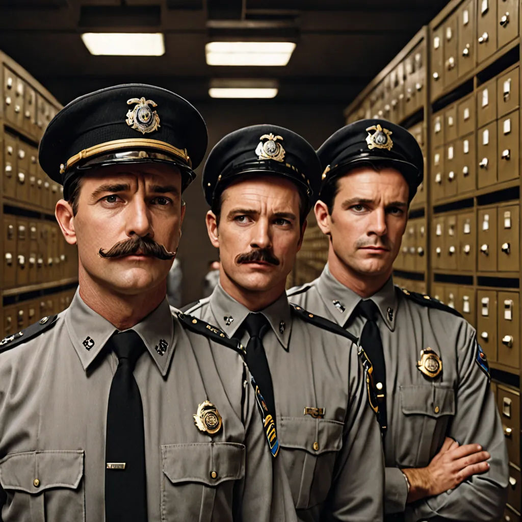 three men in uniform standing in a room full of mail boxes with mustaches on their heads and mustaches on their mouths, Edward Otho Cresap Ord, II, serial art, a colorized photo, promotional image