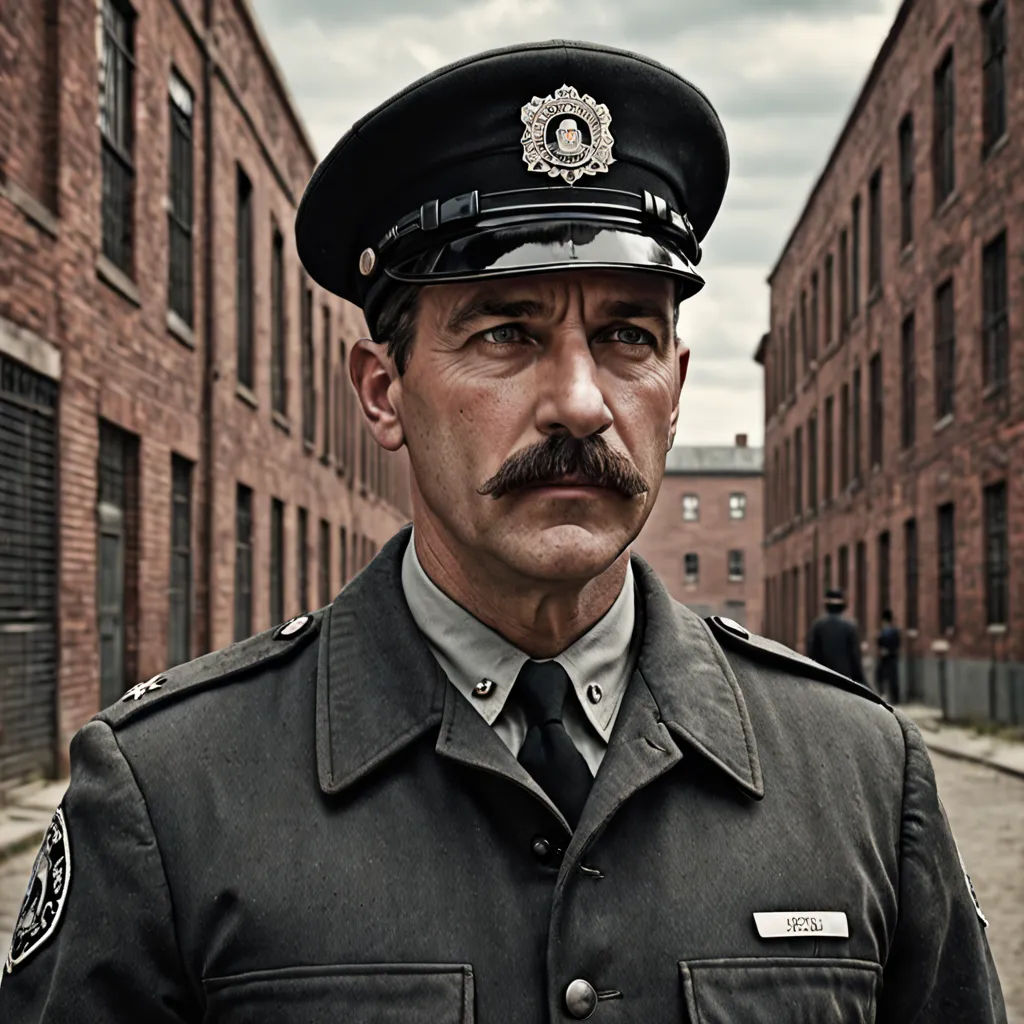 a man in a uniform standing in a street with brick buildings in the background and a man with a mustache, Edward Otho Cresap Ord, II, dau-al-set, a colorized photo, tom of finland