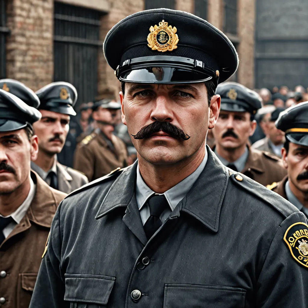 a man in uniform standing in front of a group of men in uniform with mustaches and moustaches, Cristache Gheorghiu, viennese actionism, a colorized photo, vfx