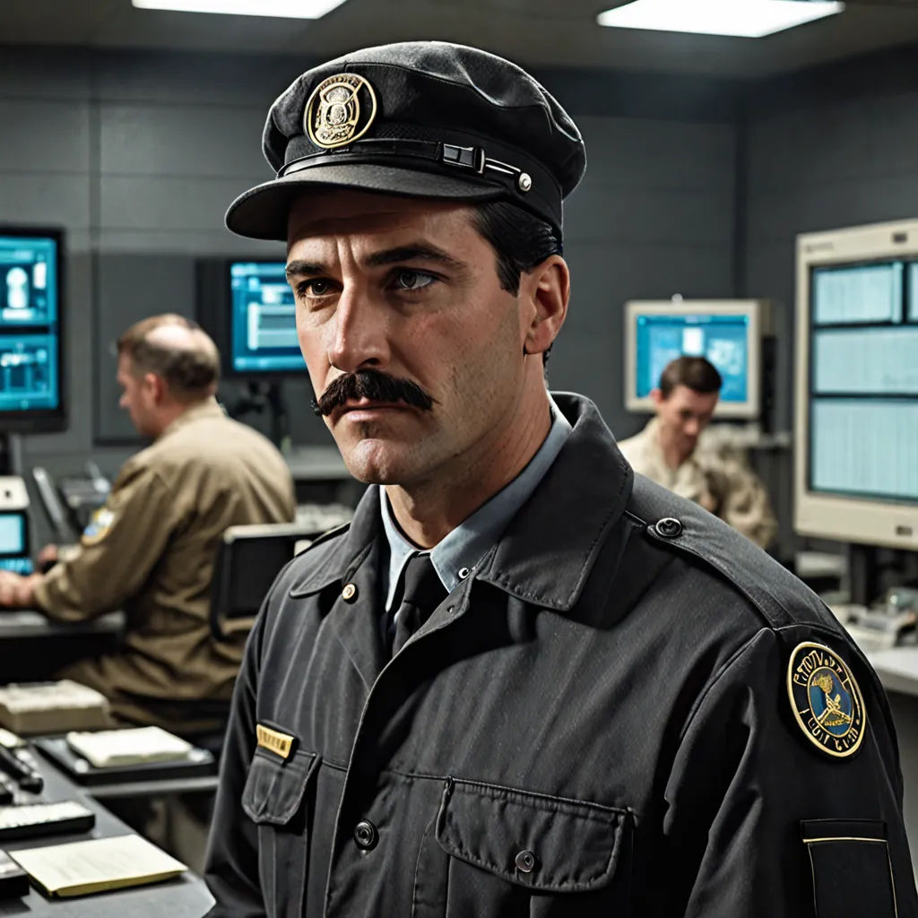 a man in a police uniform standing in front of a computer desk with monitors and people in the background, Edward Otho Cresap Ord, II, les automatistes, a colorized photo, tom of finland