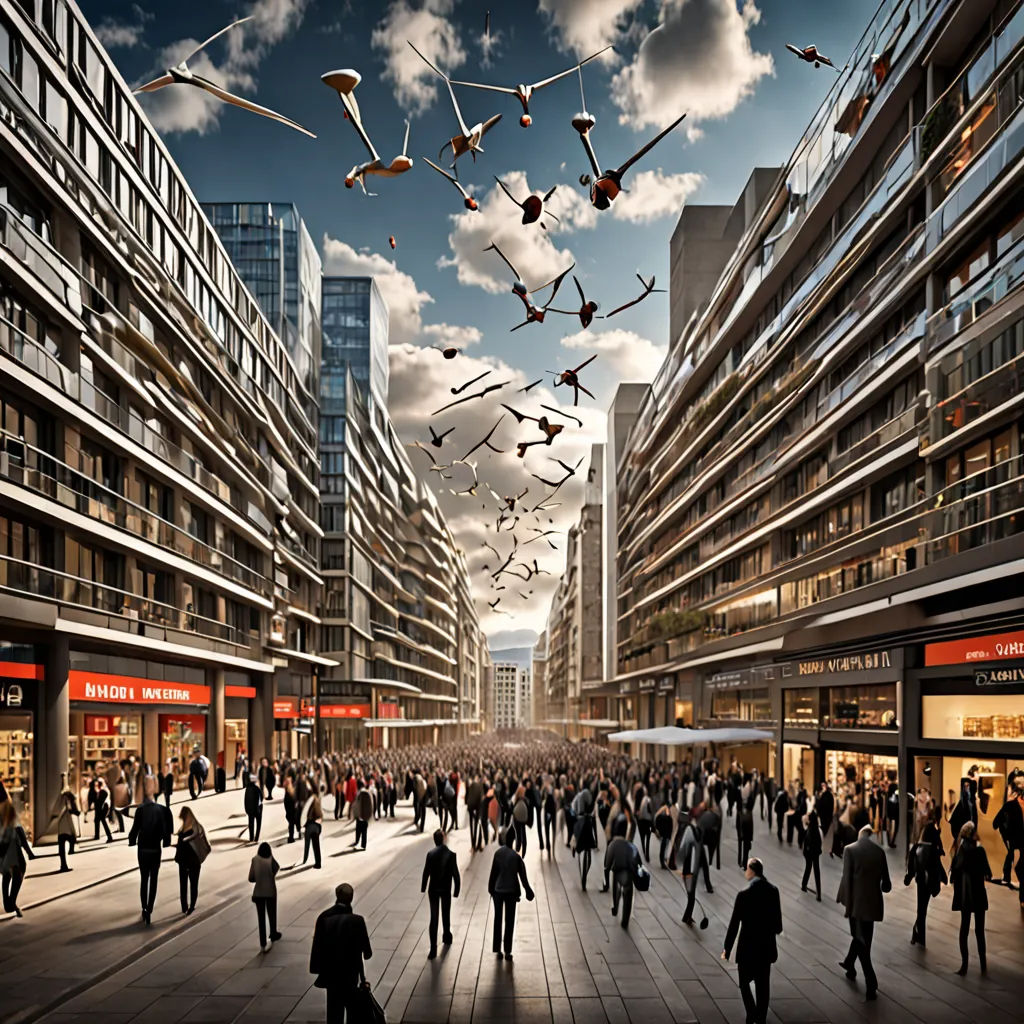 a group of people walking around a city street with tall buildings in the background and birds flying overhead in the sky, fantastic realism, a detailed matte painting, Filip Hodas, dystopian art