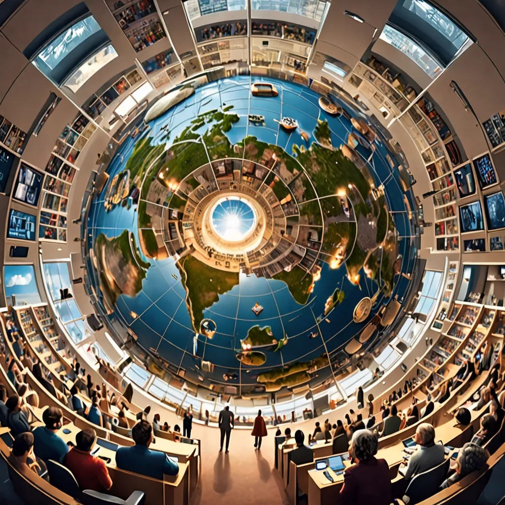 a circular view of a library with a globe in the center of the room and people sitting in the chairs, retrofuturism, a digital rendering, Chris LaBrooy, panoramic