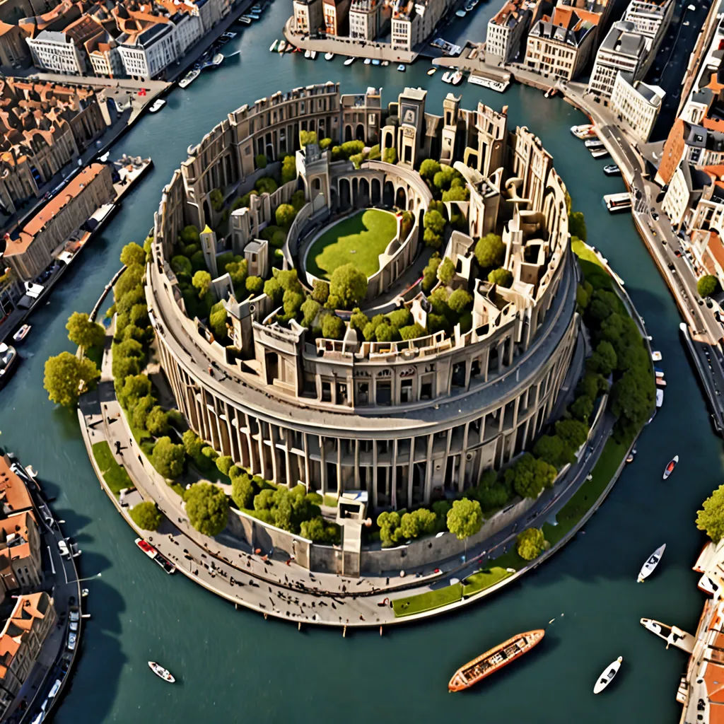 a circular building with a green roof is in the middle of a river with boats in it and a bridge in the middle of the middle, ecological art, a tilt shift photo, Chris LaBrooy, isometric view