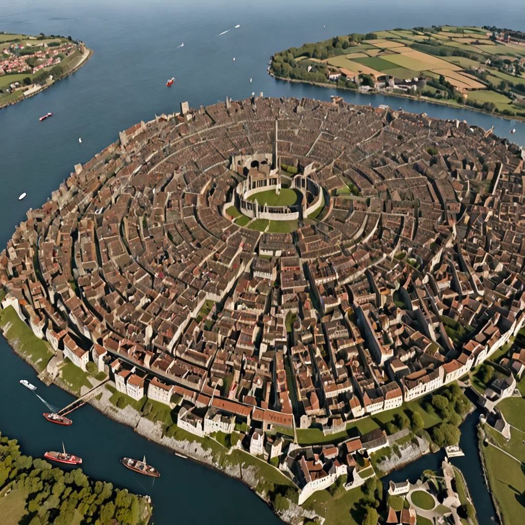 a circular building in a body of water surrounded by land and trees, with a circular building in the middle, romanesque, a detailed matte painting, Benoit B. Mandelbrot, medieval