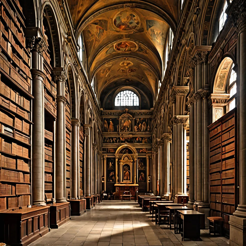 a large room with a lot of books on the walls and a lot of benches in it and a big window, academic art, a flemish Baroque, Andrea Pozzo, medieval