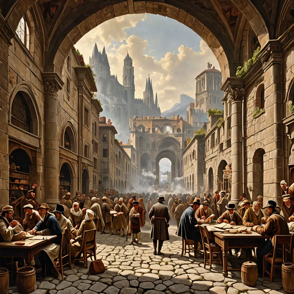 a painting of a group of people sitting at tables in a courtyard with a castle in the background and a man standing in the middle of the room, fantasy art, a detailed matte painting, Christophe Vacher, matte fantasy painting