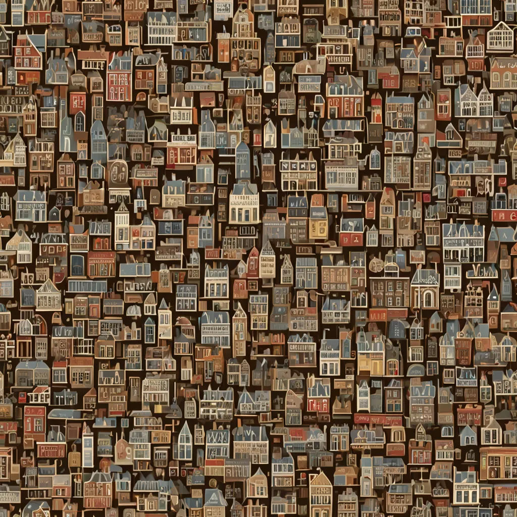 a large group of houses and buildings on a brown background with a brown background and a brown background with a brown background and a brown background with a brown and white, folk art, a jigsaw puzzle, Chris LaBrooy, city