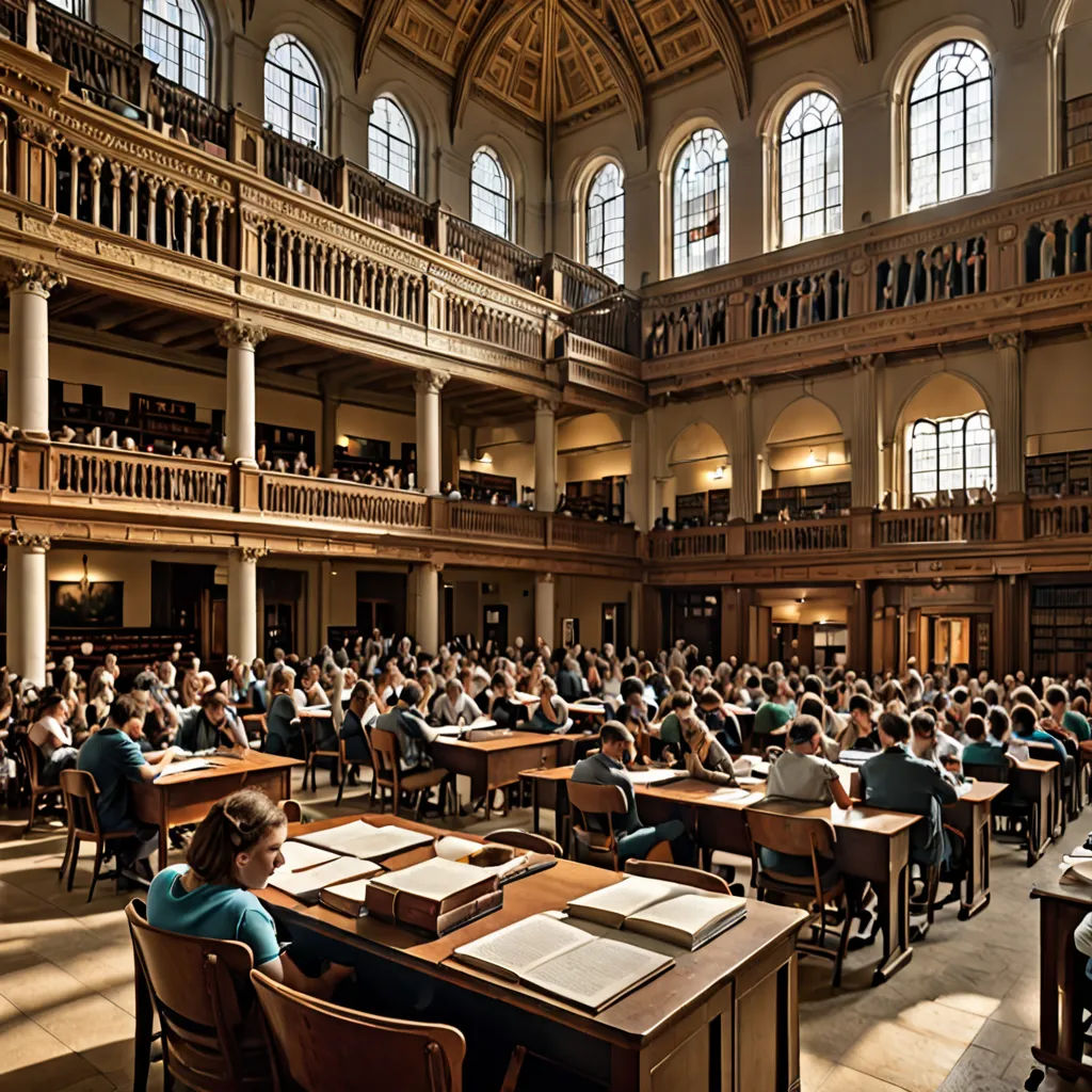 a large room filled with lots of people sitting at desks in front of windows and a staircase leading to a second floor, academic art, a stock photo, Andreas Gursky, rembrandt lighting