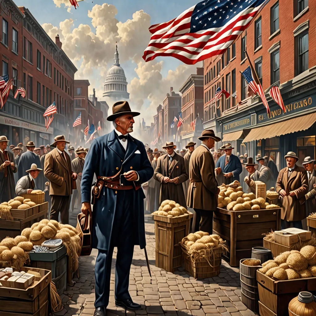 a painting of a man standing in front of a crowd of people in a city with a flag flying, american realism, a detailed matte painting, Cassius Marcellus Coolidge, highly detailed digital painting