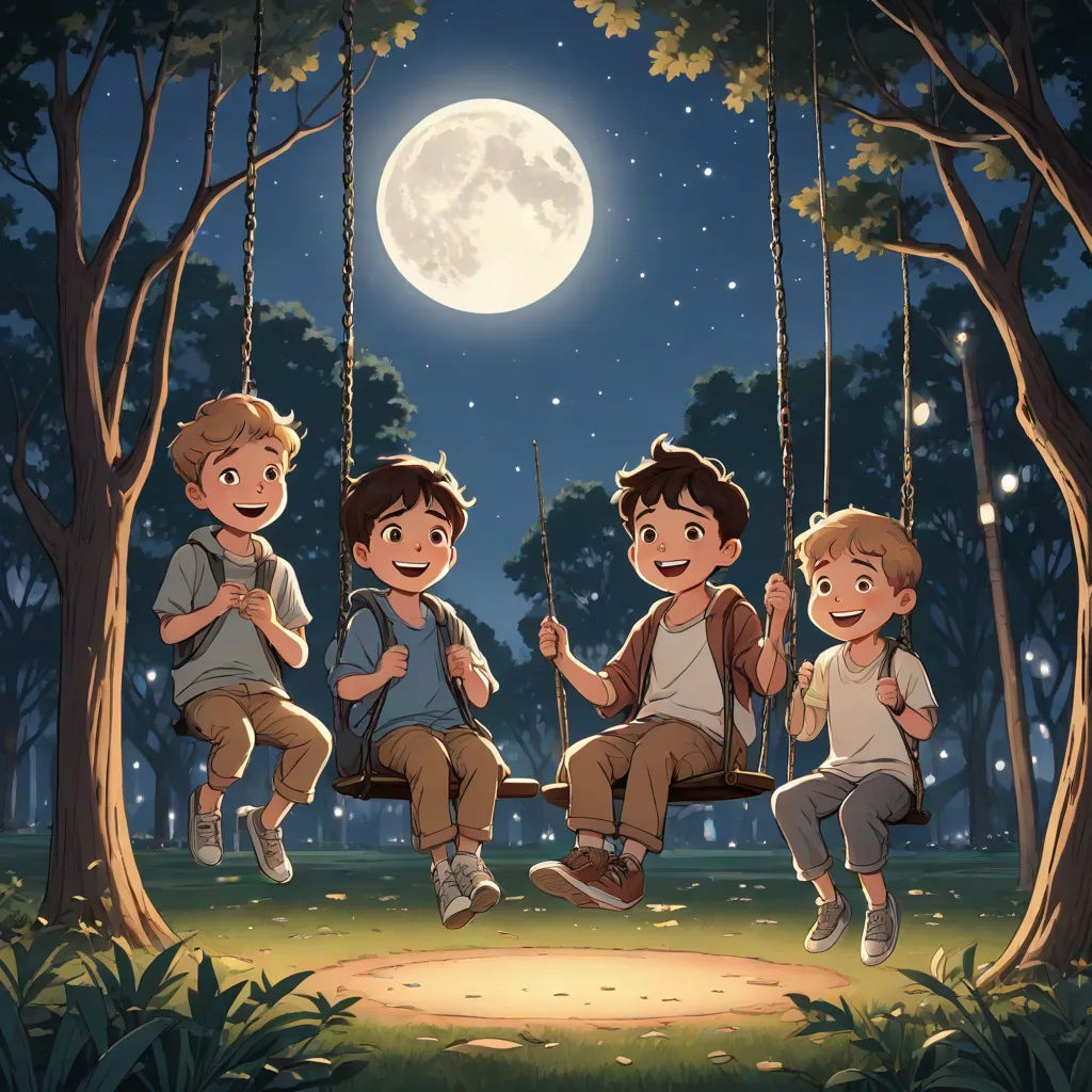 three boys sitting on a swing in the woods at night with a full moon in the background and a full moon in the sky, Diego Gisbert Llorens, sots art, a storybook illustration, official art