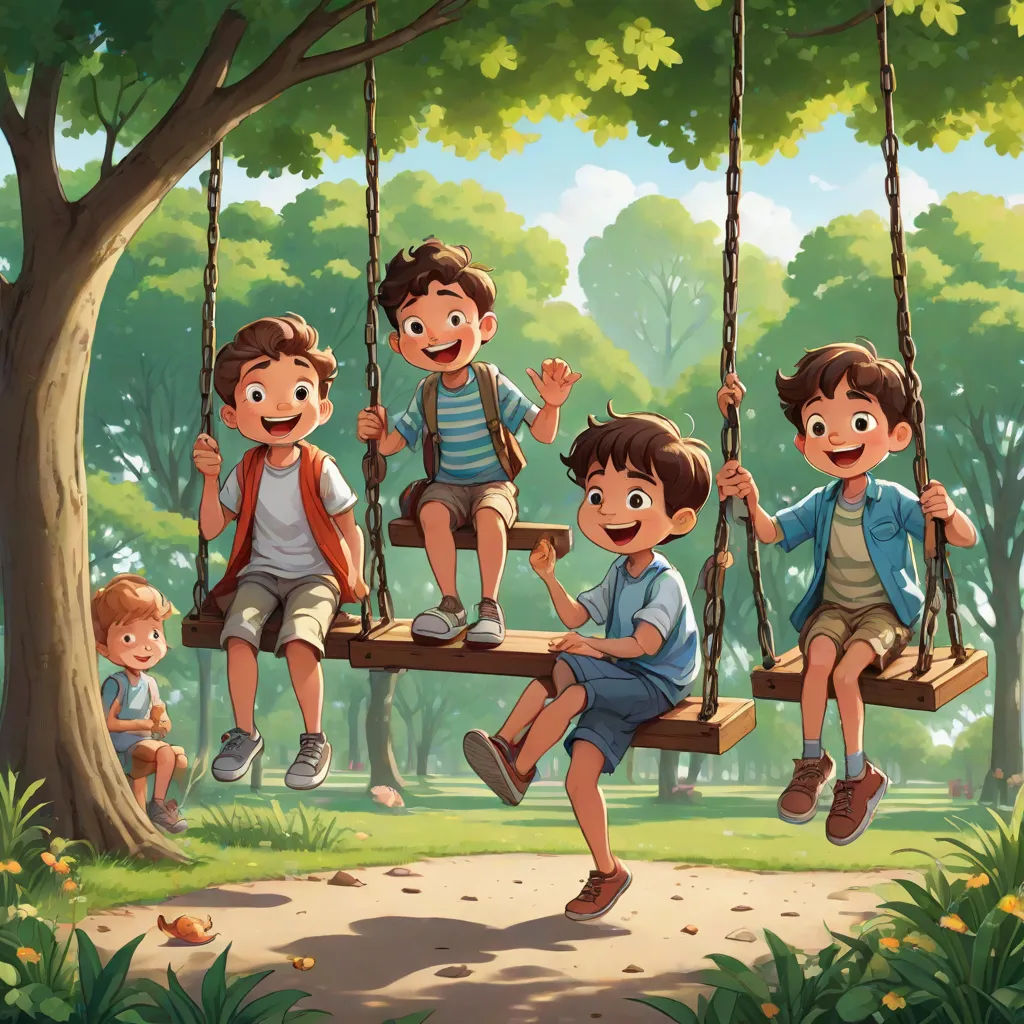 a group of children playing on a swing in a park illustration by john wyee, a painting of a group of children playing on a swing in a park, Brothers Hildebrandt, sots art, a storybook illustration, official art