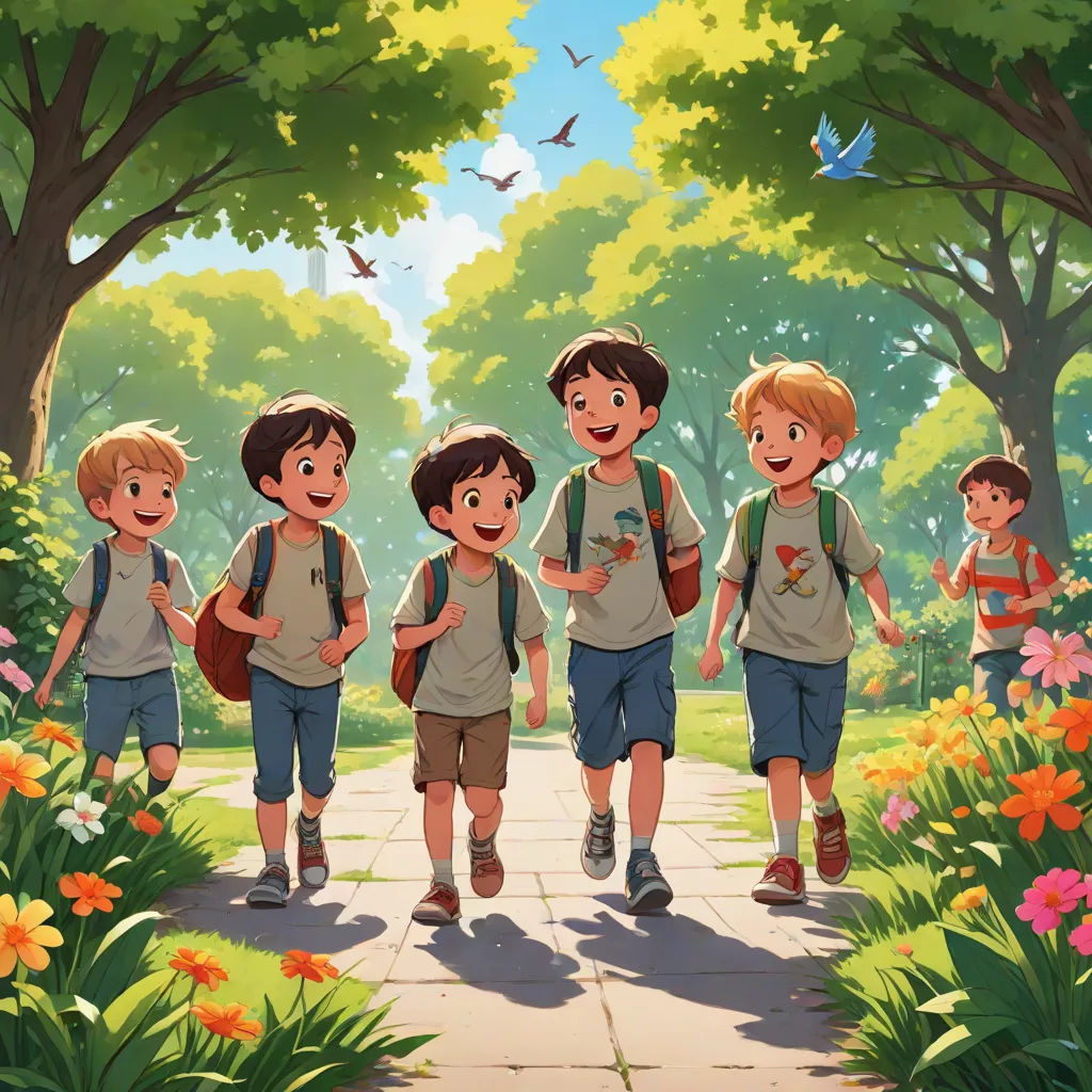 a group of children walking down a path in a park with trees and flowers on either side of them, Brothers Hildebrandt, paris school, a storybook illustration, official art