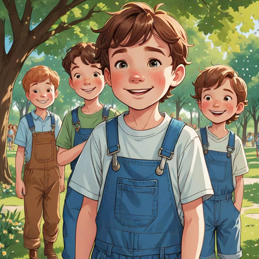 a boy in overalls standing in front of a group of boys in a park with trees and grass, Brothers Hildebrandt, les automatistes, a storybook illustration, official art