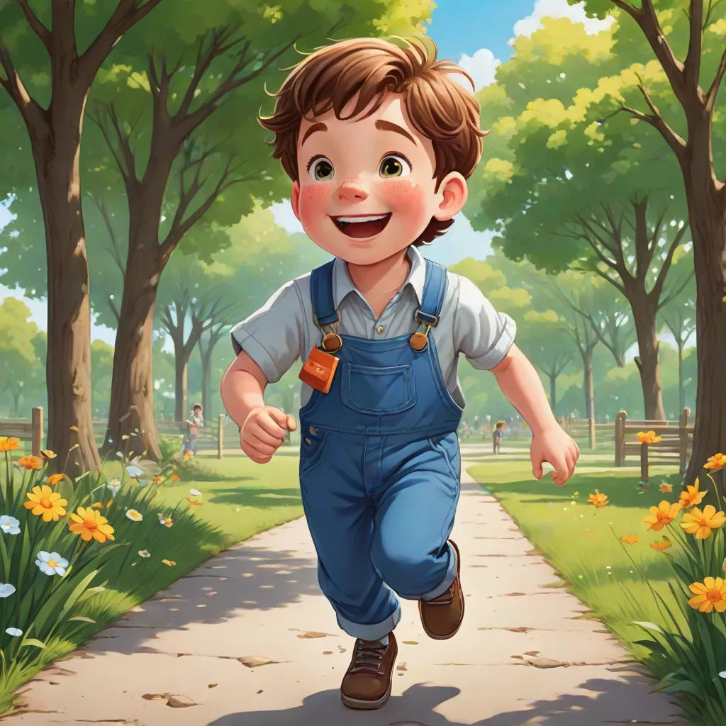 a boy running down a path in a park with trees and flowers in the background and a park bench, Aaron Jasinski, american scene painting, a storybook illustration, official art