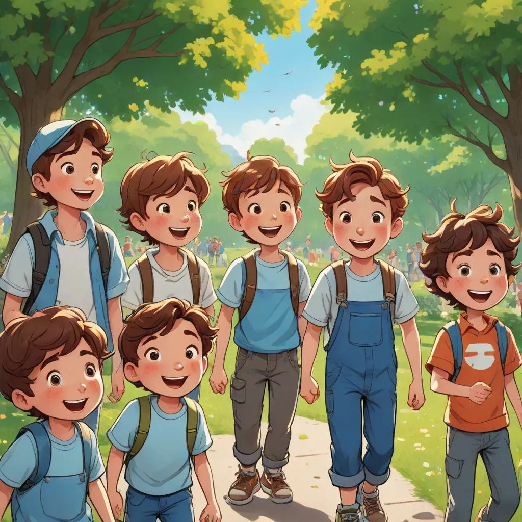 a group of children standing next to each other on a sidewalk in a park with trees and grass in the background, Brothers Hildebrandt, vancouver school, a storybook illustration, official art