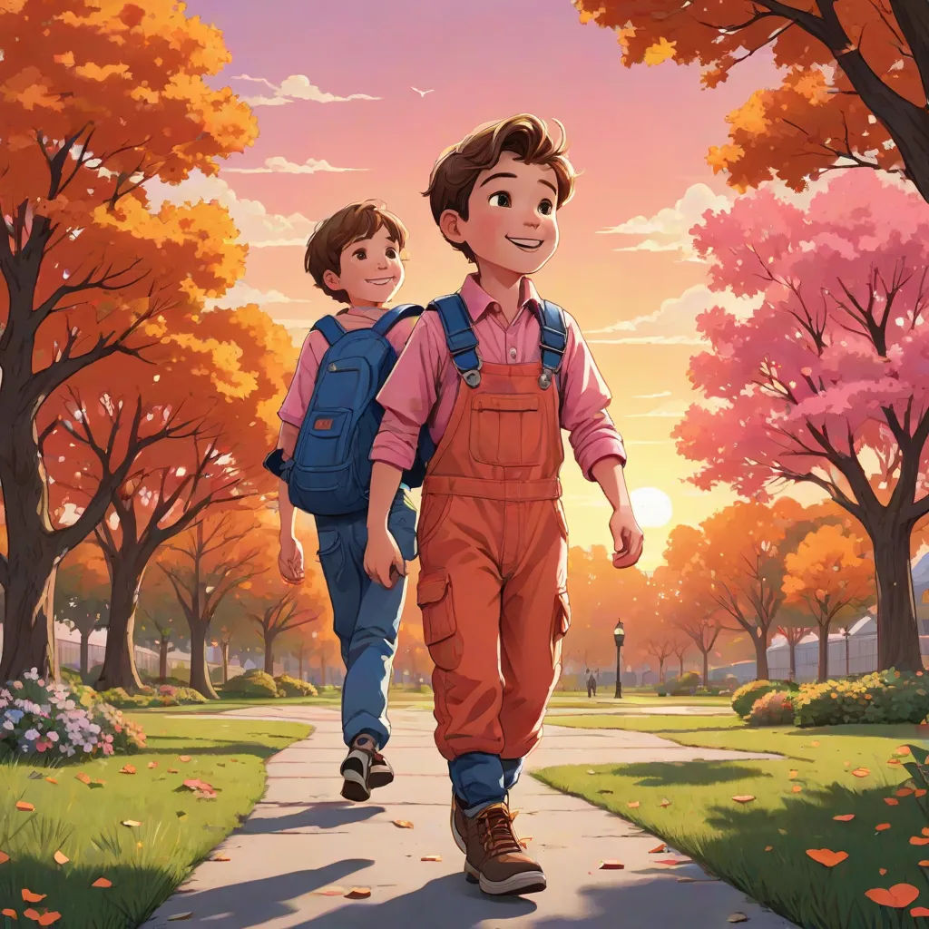 a boy and a boy walking down a path in the park with trees and flowers in the background, with the sun setting, Brothers Hildebrandt, american scene painting, a storybook illustration, official art