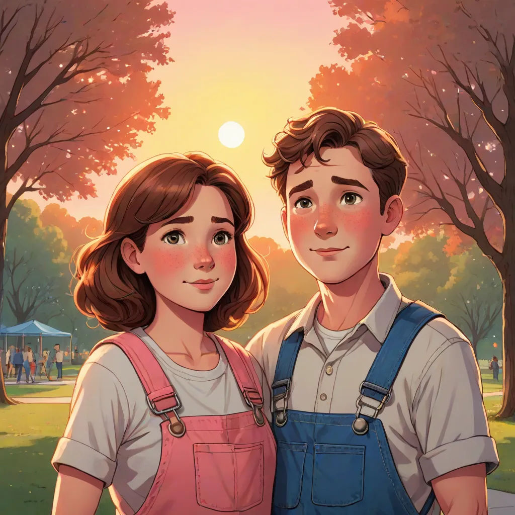a couple of people standing next to each other in a park at sunset with trees and a tent in the background, David Park, american scene painting, a storybook illustration, rossdraws global illumination