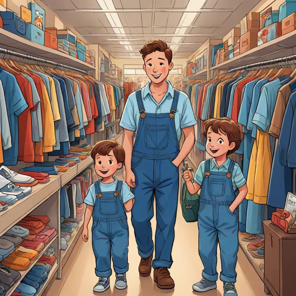 a man and two boys are standing in a store with a rack of shirts and shoes on the shelves, Brothers Hildebrandt, lyco art, a storybook illustration, storybook illustration