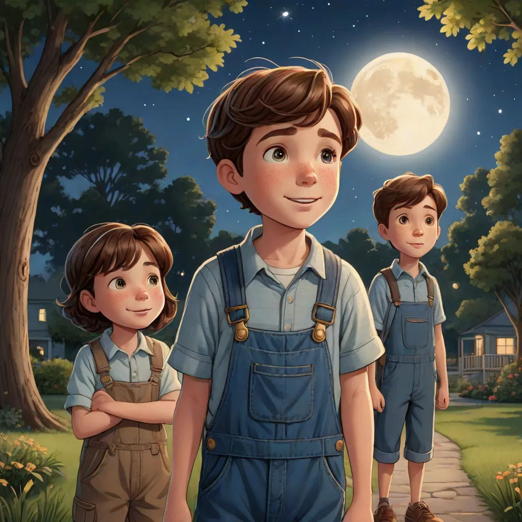 a boy and a girl standing in front of a full moon and a tree with a house in the background, Aaron Jasinski, magical realism, a storybook illustration, storybook illustration