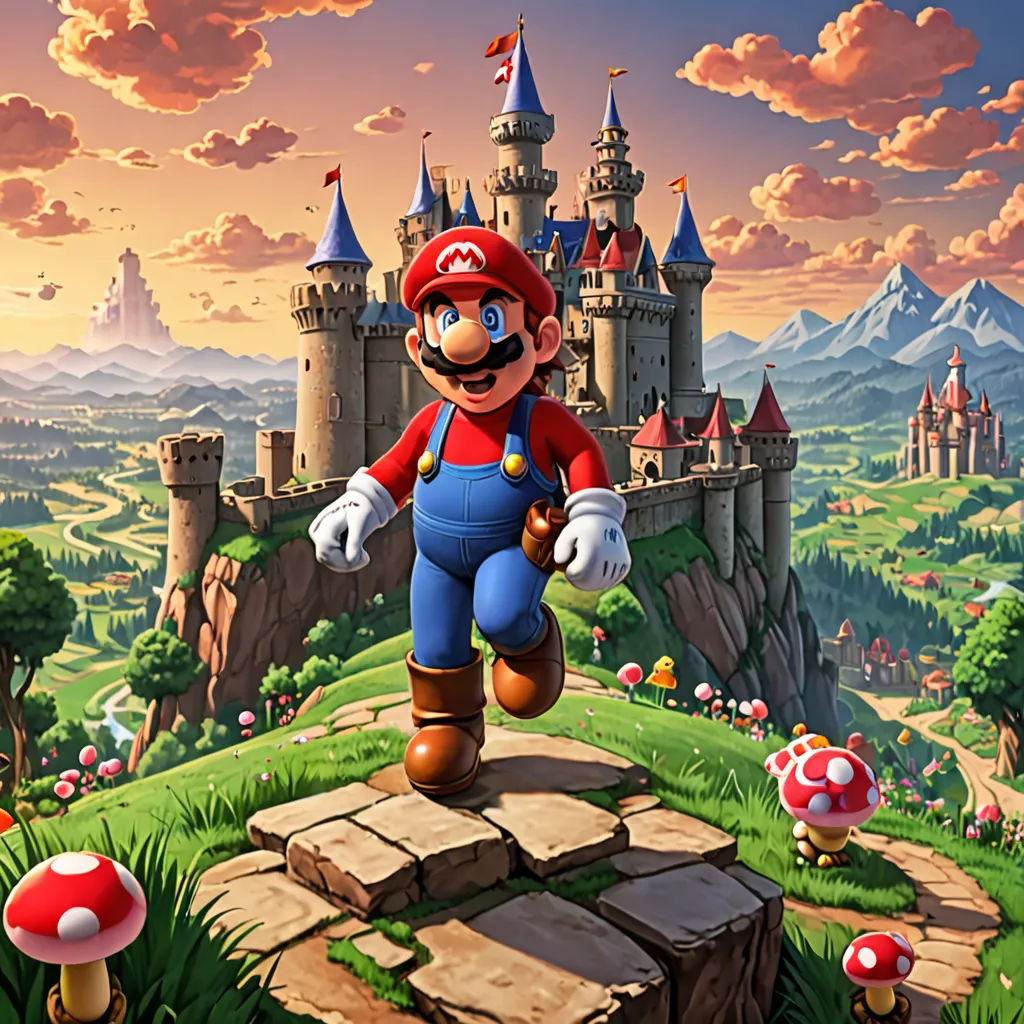 a cartoon of a mario running across a field with a castle in the background and a mushroom on the ground, a detailed matte painting, Chris LaBrooy, sots art, official art