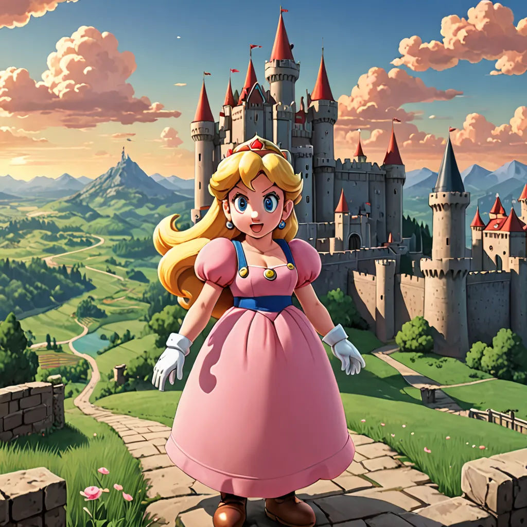 a cartoon of a princess standing in front of a castle with a castle in the background and a pink dress, concept art, Alice Prin, sots art, official art