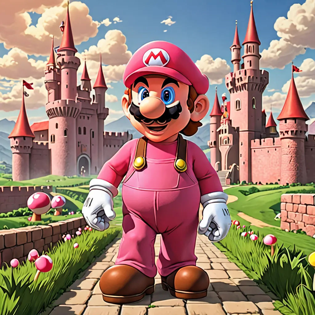 a cartoon character is standing in front of a castle with a pink outfit and hat on and a pink castle in the background, concept art, Chris LaBrooy, sots art, official art