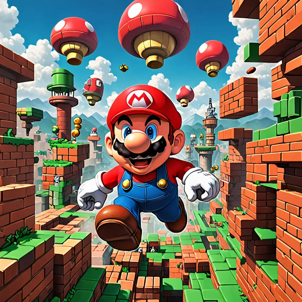 a nintendo game character is flying over a brick wall and a city with red lanterns above it and a sky background, a 3D render, Chris LaBrooy, sots art, 2 d game art