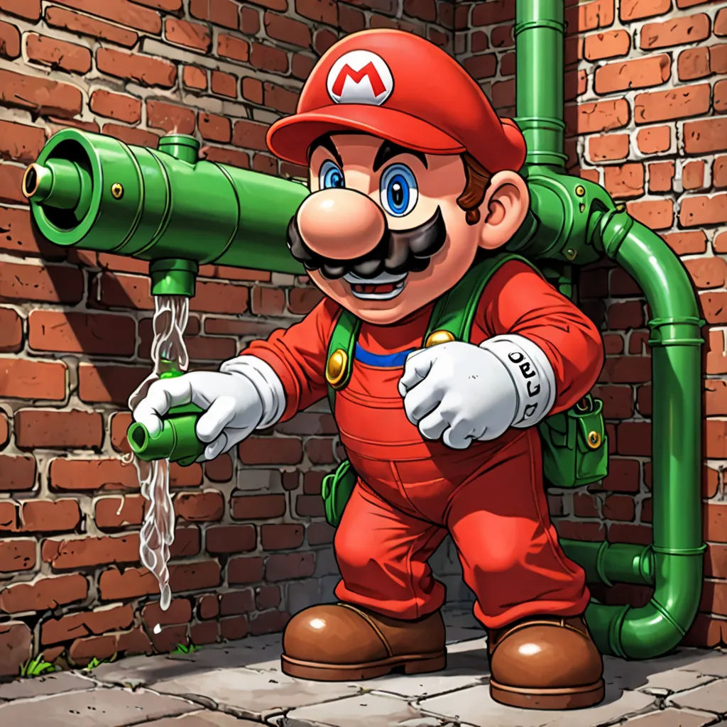 a cartoon of a man in a red suit and a green pipe with a green hose attached to it, concept art, Chris LaBrooy, sots art, official art
