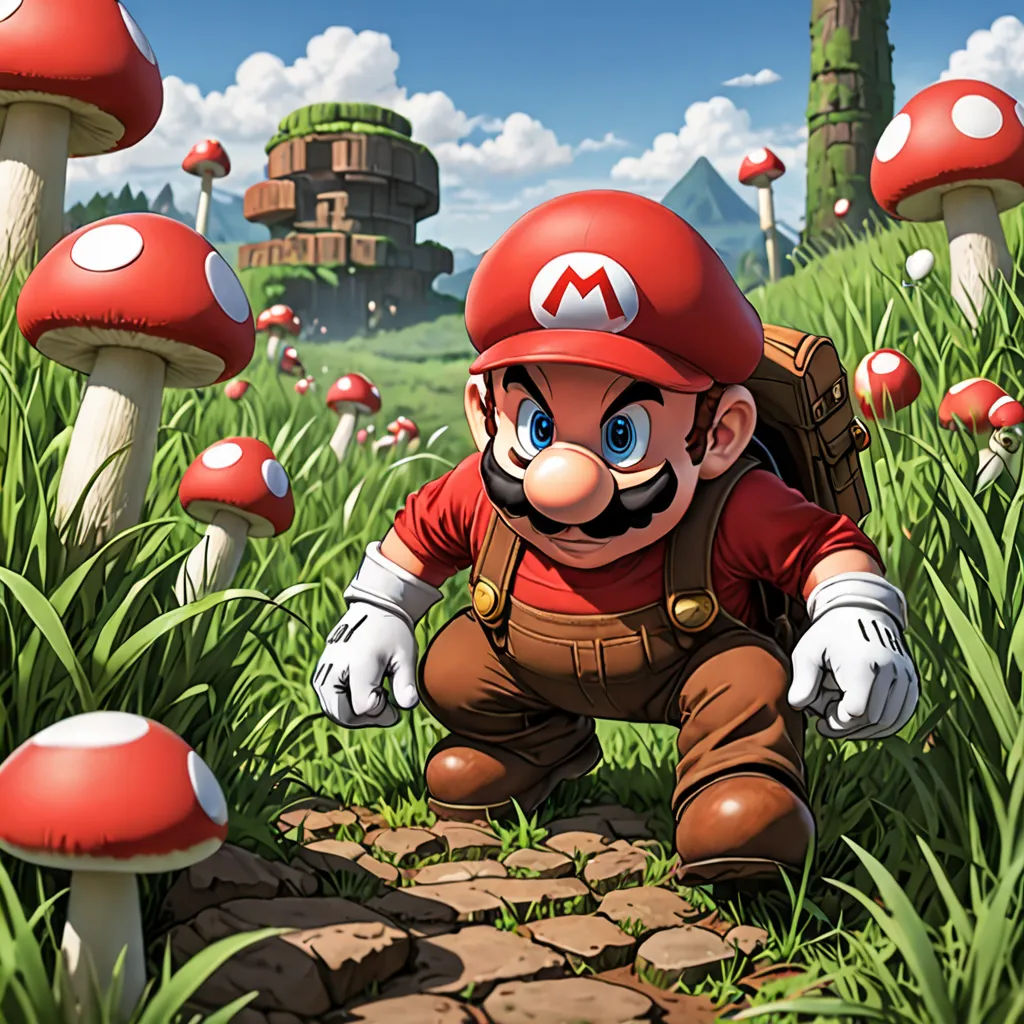 a man kneeling in a field of mushrooms with a mario mushroom in the background and a castle in the distance, concept art, Chris LaBrooy, sots art, rossdraws global illumination
