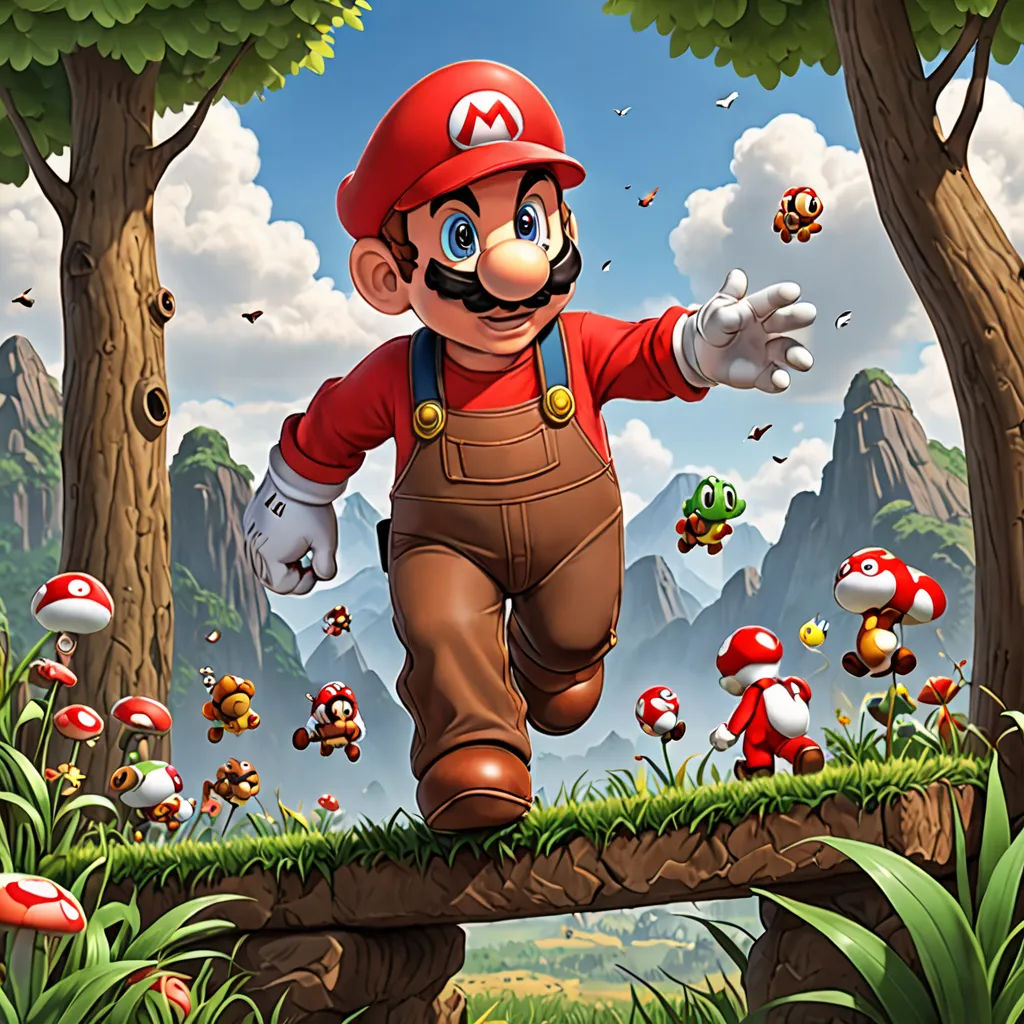 a cartoon of a man walking across a bridge over a forest filled with mushrooms and mushrooms on a sunny day, concept art, Chris LaBrooy, sots art, official art