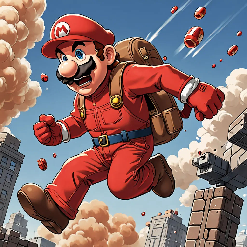 a cartoon of a man in a red suit and a backpack running through a city with smoke and bombs, a comic book panel, Chris LaBrooy, sots art, official art