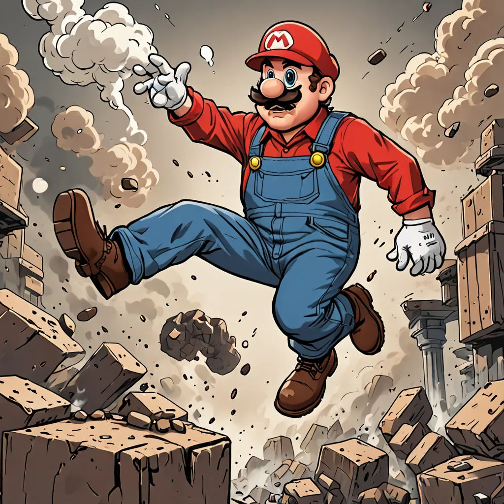 a cartoon of a man in overalls and a red hat jumping over a pile of rubble with smoke coming out of the stacks, a comic book panel, Chris LaBrooy, sots art, official art