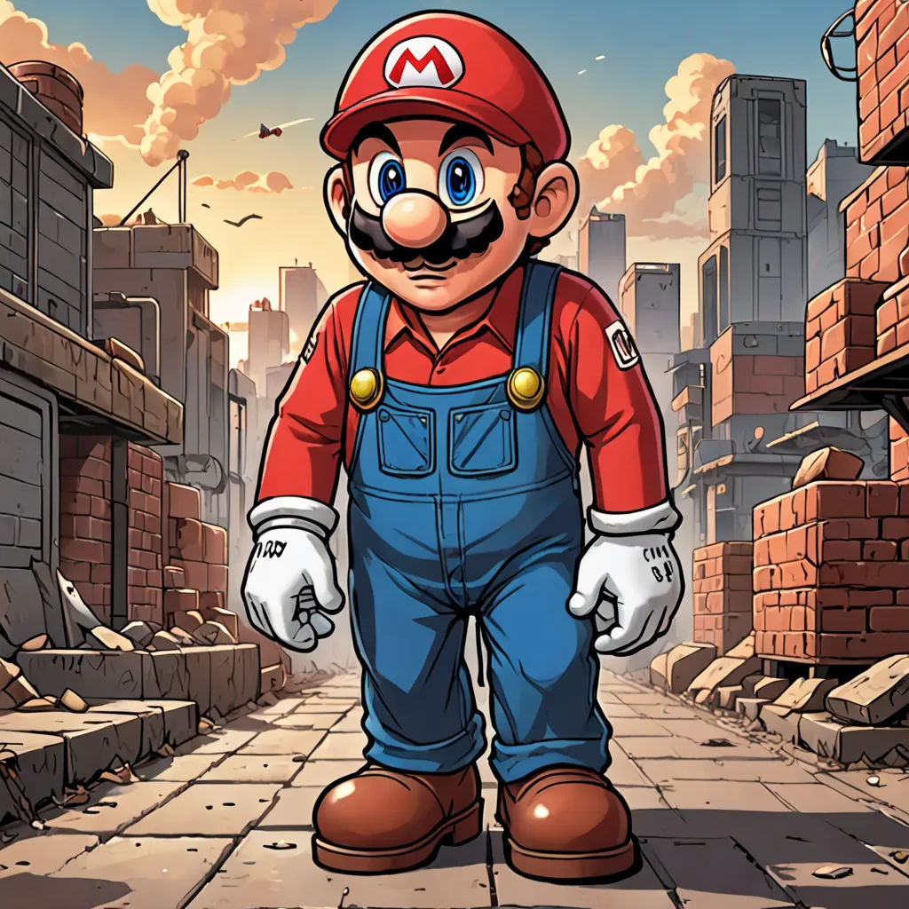 a cartoon of a mario in a red shirt and overalls standing in a city street with a brick wall, a comic book panel, Americo Makk, sots art, official art