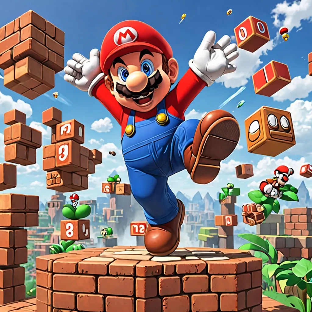 a nintendo wii game character jumping over a brick wall with blocks in the background and a sky background with clouds, a 3D render, Chris LaBrooy, sots art, official art