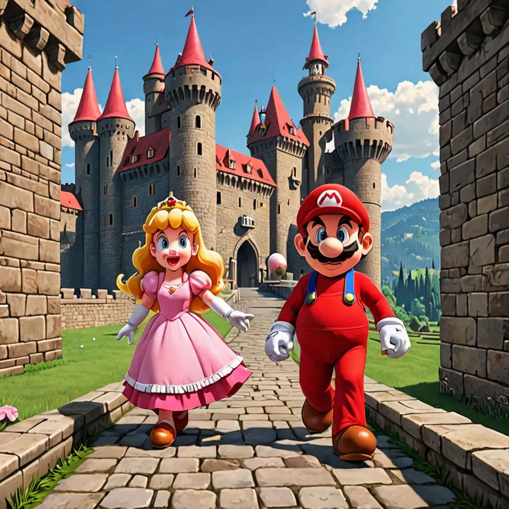 a cartoon of mario and princess peach running towards a castle with a castle in the background and a person in a pink dress, concept art, Chris LaBrooy, sots art, official art