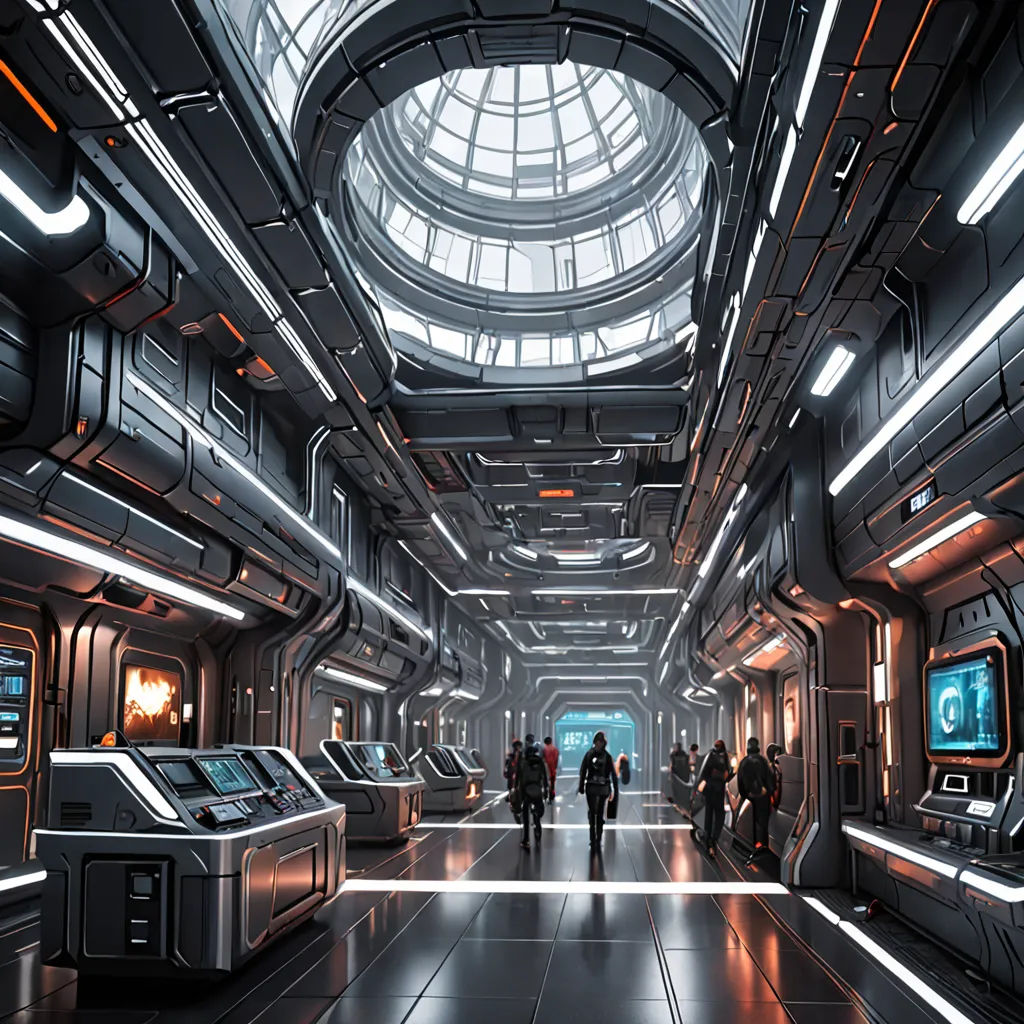 a futuristic looking building with a lot of people walking around it and a skylight above it that is lit up, space art, a detailed matte painting, Dan Mumford, sci fi