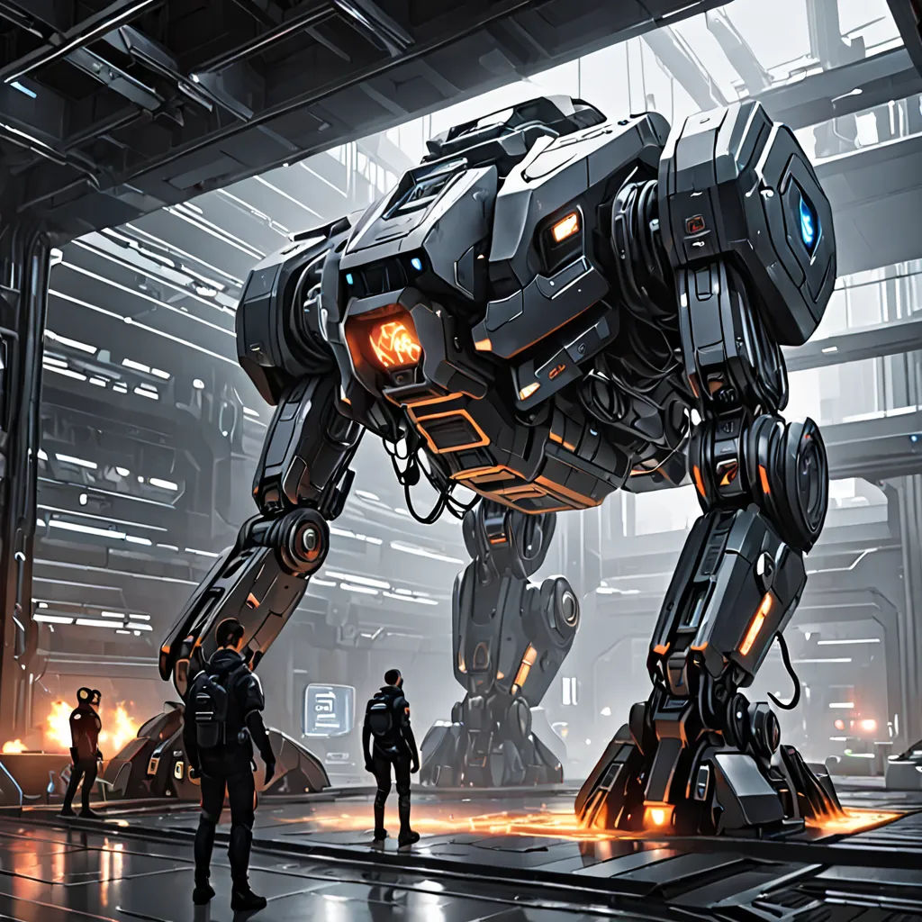 a robot that is standing in a room with people around it and a man standing next to it with a gun, sots art, concept art, Eve Ryder, conceptart