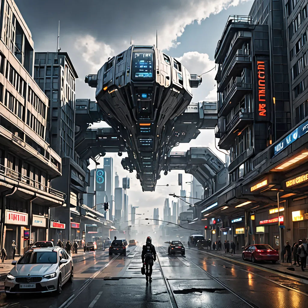 a man riding a bike down a street under a futuristic bridge over a city street with cars and people, retrofuturism, a detailed matte painting, Filip Hodas, sci-fi