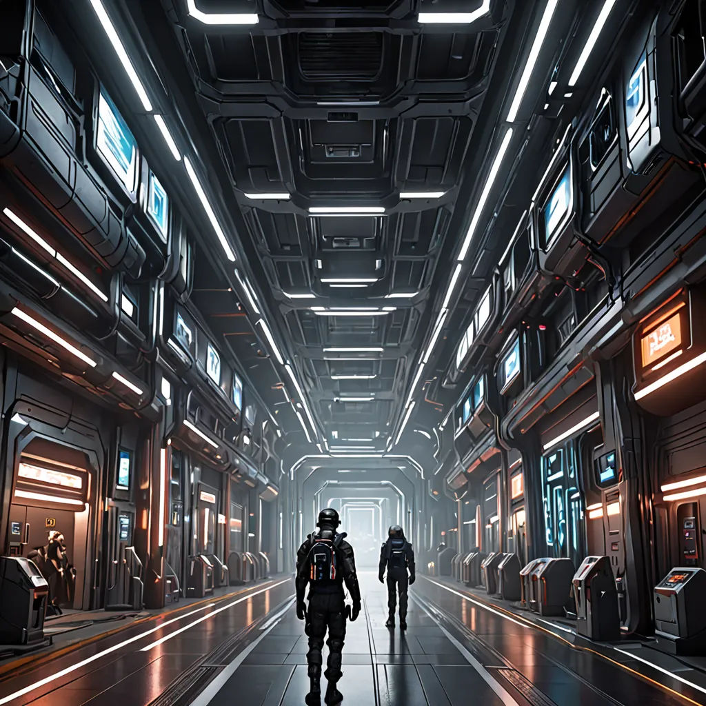 two people walking down a hallway in a sci - fi setting with neon lights on the ceiling and windows, space art, concept art, Eve Ryder, star citizen halo