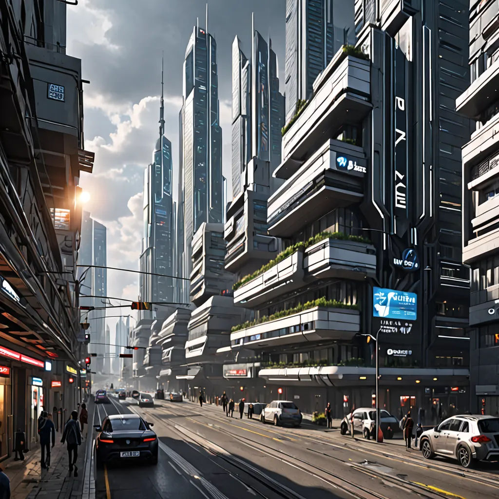 a city street with cars and people walking on the sidewalk and a bus on the street in front of a building, futurism, a detailed matte painting, Beeple, 8 k concept art